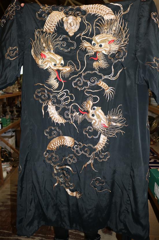 Oriental gilt thread and black satin dragon robe